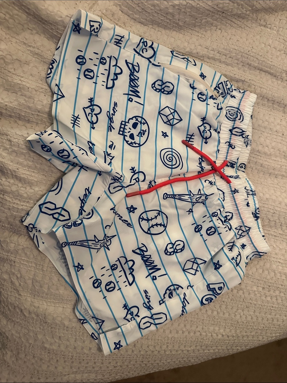 White Shorts with Blue Doodle Stripes and Red Drawstring